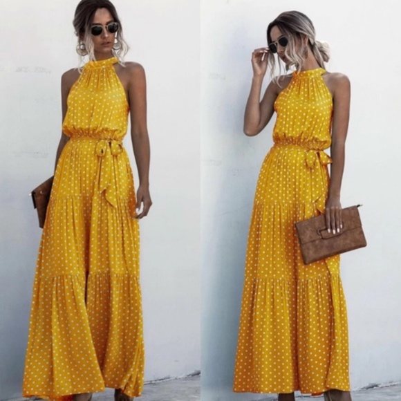 BellanBlue Dresses & Skirts - Boho Mustard belted polka dot layer ruffle halter Dress